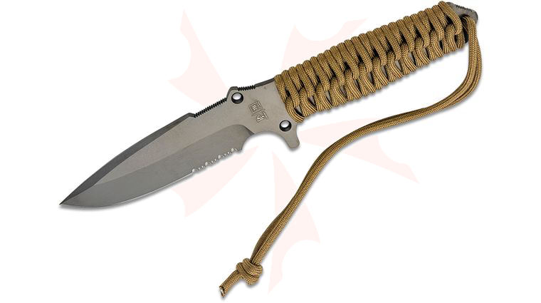 TB Outdoor Marauder Survival Knife, 4.88 inch MOX Gray PVD Drop Point Combo Blade, Tan Paracord Wrapped Steel Handle, Kydex Sheath