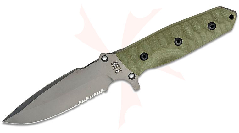 TB Outdoor Marauder Survival Knife, 4.88 inch MOX Gray PVD Drop Point Combo Blade, OD Green G10 Handles, Kydex Sheath