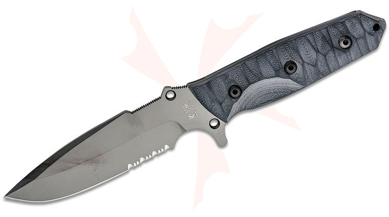 TB Outdoor Marauder Survival Knife, 4.88 inch MOX Gray PVD Drop Point Combo Blade, Black G10 Handles, Kydex Sheath