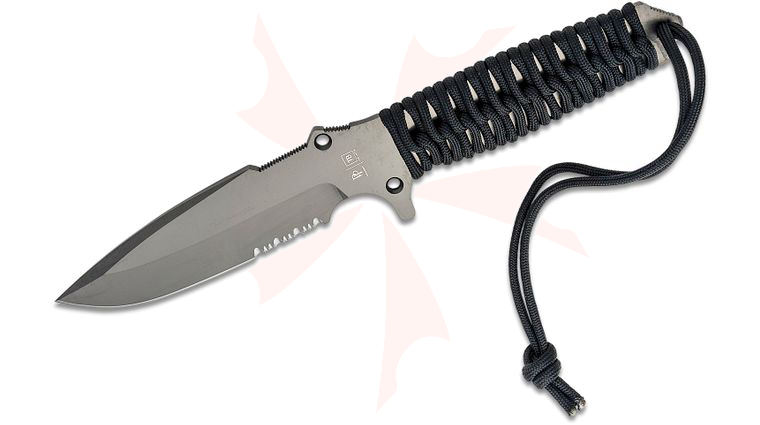 TB Outdoor Marauder Survival Knife, 4.88 inch MOX Gray PVD Drop Point Combo Blade, Black Paracord Wrapped Steel Handle, Kydex Sheath