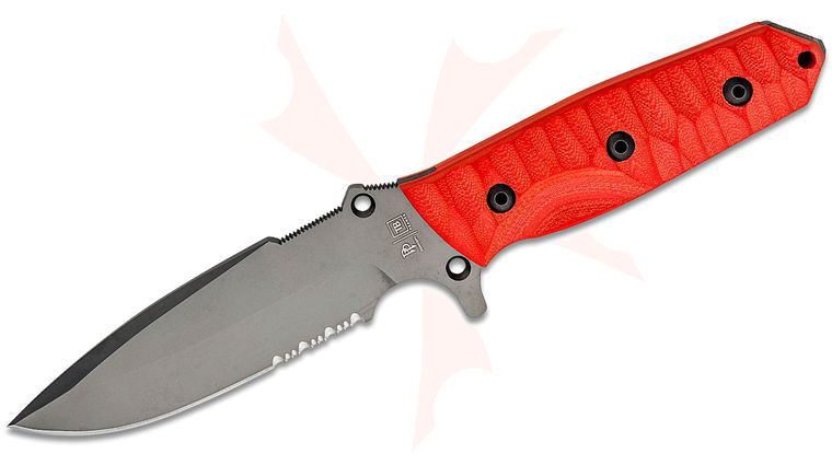 TB Outdoor Marauder Survival Knife, 4.88 inch MOX Gray PVD Drop Point Combo Blade, Red G10 Handles, Kydex Sheath