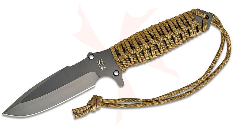TB Outdoor Marauder Survival Knife, 4.88 inch MOX Gray PVD Drop Point Blade, Coyote Brown Paracord Wrapped Steel Handle, Kydex Sheath