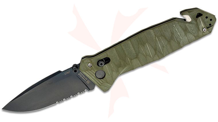 TB Outdoor CAC French Army Folding Knife, 3.62 inch Nitrox Black PVD Combo Drop Point Blade, Sculpted OD Green G10 Handles