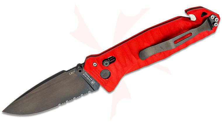 TB Outdoor CAC French Army Folding Knife, 3.62 inch Nitrox Black PVD Combo Drop Point Blade, Sculpted Red G10 Handles