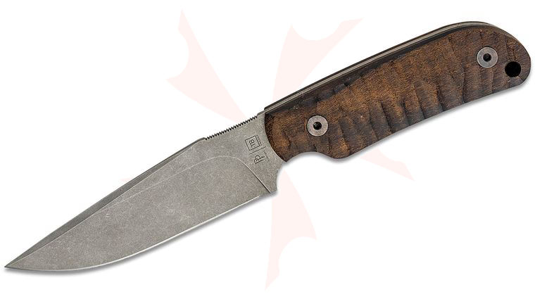 TB Outdoor Commandeur Fixed Blade Knife, 4.49 inch Alenox Stonewashed Drop Point Blade, Sculpted Ziricote Wood Handles, Kydex Sheath