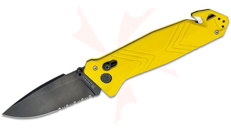 TB Outdoor CAC French Army Folding Knife, 3.62 inch Nitrox Black PVD Combo Drop Point Blade, Yellow PA6 Polymer Handles w/ Corkscrew