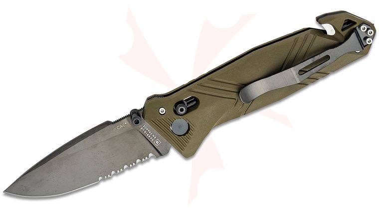 TB Outdoor CAC French Army Folding Knife, 3.62 inch Nitrox Black PVD Combo Drop Point Blade, OD Green PA6 Polymer Handles w/ Corkscrew