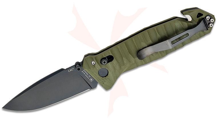 TB Outdoor CAC French Army Folding Knife, 3.62 inch Nitrox Black PVD Drop Point Blade, Sculpted OD Green G10 Handles
