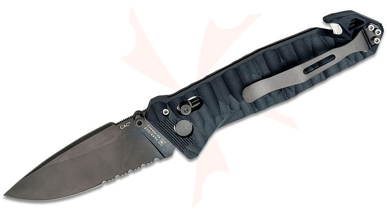 TB Outdoor CAC French Army Folding Knife, 3.62 inch Nitrox Black PVD Combo Drop Point Blade, Sculpted Black PA6 Polymer Handles