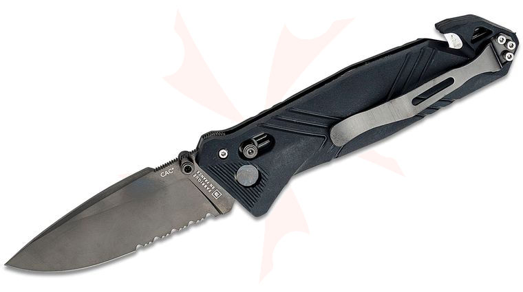 TB Outdoor CAC French Army Folding Knife, 3.62 inch Nitrox Black PVD Combo Drop Point Blade, Black PA6 Polymer Handles w/ Corkscrew