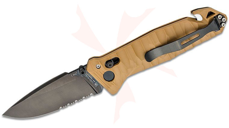 TB Outdoor CAC French Army Folding Knife, 3.62 inch Nitrox Black PVD Combo Drop Point Blade, Sculpted Tan PA6 Polymer Handles