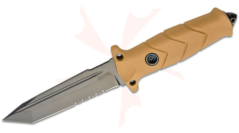 TB Outdoor The Vengeur Survival Knife, 5.27 inch Nitrox PVD Tanto Blade, Tan Pa6 Polymer Handles with Window Breaker, Tan Kydex Sheath