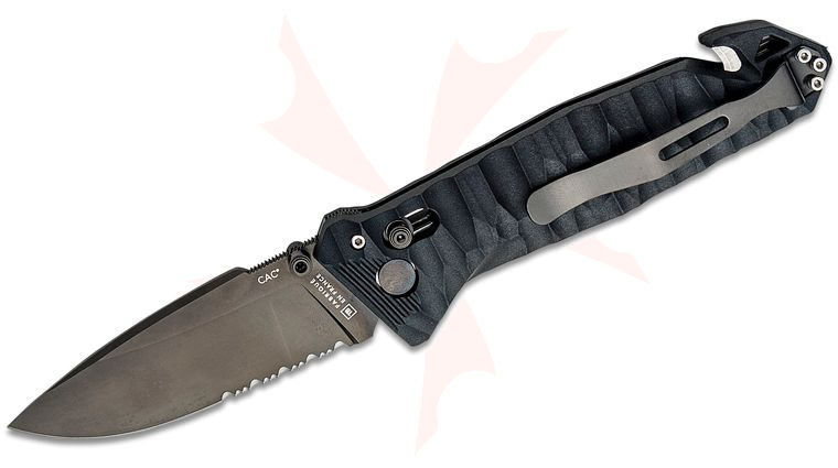 TB Outdoor CAC French Army Folding Knife, 3.62 inch Nitrox Black PVD Combo Drop Point Blade, Sculpted Black PA6 Polymer Handles w/ Corkscrew