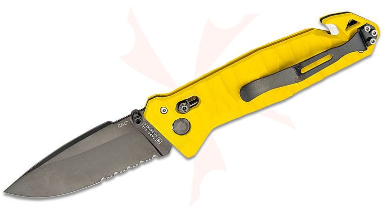 TB Outdoor CAC French Army Folding Knife, 3.62 inch Nitrox Black PVD Combo Drop Point Blade, Sculpted Yellow PA6 Polymer Handles w/ Corkscrew