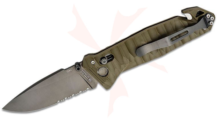 TB Outdoor CAC French Army Folding Knife, 3.62 inch Nitrox Black PVD Combo Drop Point Blade, Sculpted OD Green PA6 Polymer Handles w/ Corkscrew