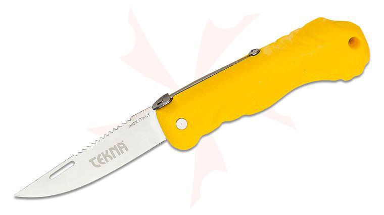 TEKNA Knives Buoy Edge Folding Knife 3.54 inch Stainless Satin Sawback Blade, Yellow Resin Handle