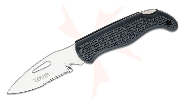 TEKNA Knives Pocket Edge Folding Knife 3.34 inch Stainless Satin Drop Point Combo Blade with Line Cutter, Black TPE Handles