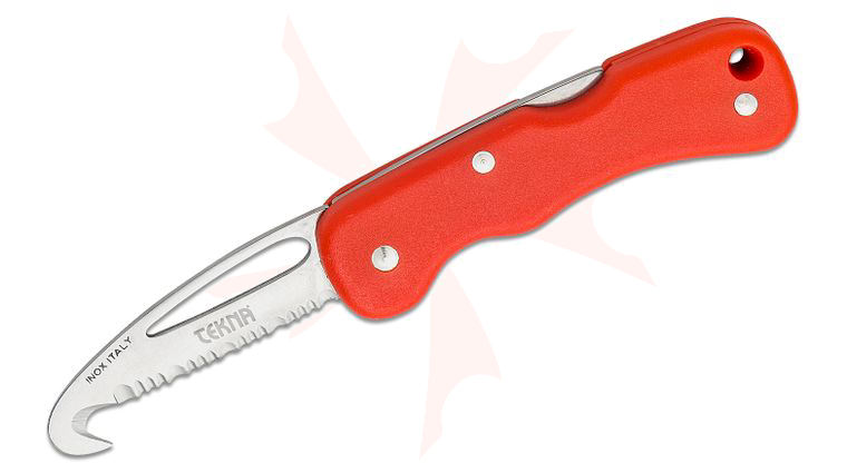 TEKNA Knives Rescue Edge Folding Knife 2.75 inch Stainless Satin Rescue Hook Serrated Blade, Red FRN Handles