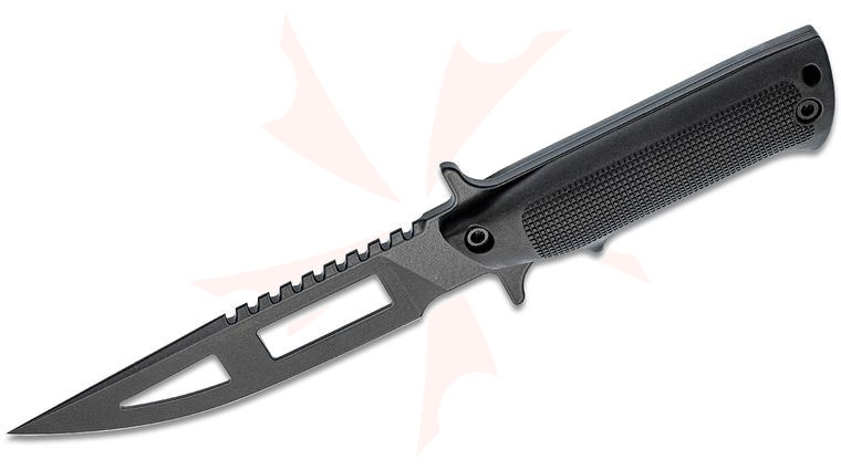 TEKNA Knives Wilderness Edge Fixed Blade Survival Knife and Kit, 5.75 inch Black Cut-Out Sawback Blade, Black ABS Plastic Handle and Sheath