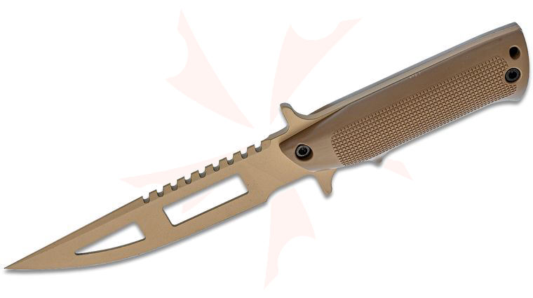 TEKNA Knives Wilderness Edge Fixed Blade Survival Knife and Kit, 5.75 inch Desert Tan Cut-Out Sawback Blade, Desert Tan ABS Plastic Handle and Sheath