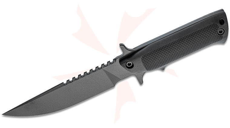 TEKNA Knives Wilderness Edge Fixed Blade Survival Knife and Kit, 5.75 inch Black Sawback Blade, Black ABS Plastic Handle and Sheath