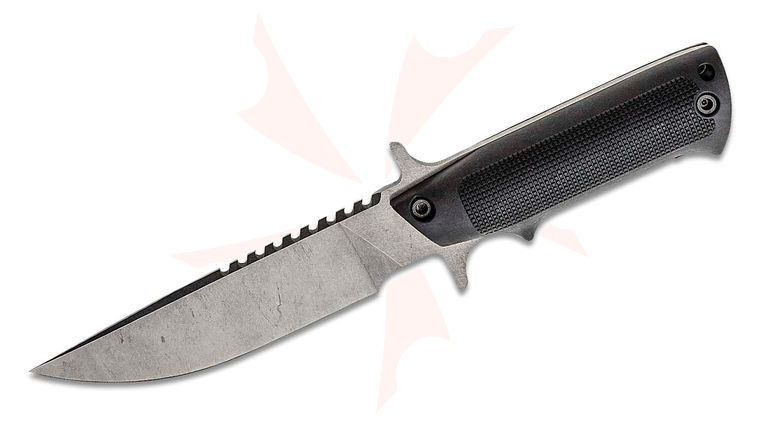 TEKNA Knives Wilderness Edge Fixed Blade Survival Knife and Kit, 5.75 inch Stonewashed Sawback Blade, Black ABS Plastic Handle and Sheath