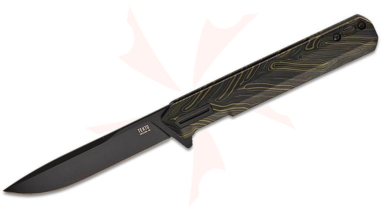 Tekto Knives F2 Bravo Liner Lock Flipper Knife 3.3 inch D2 Black Ti Coated Drop Point Blade, Damascus G10 Handles, Black Accents