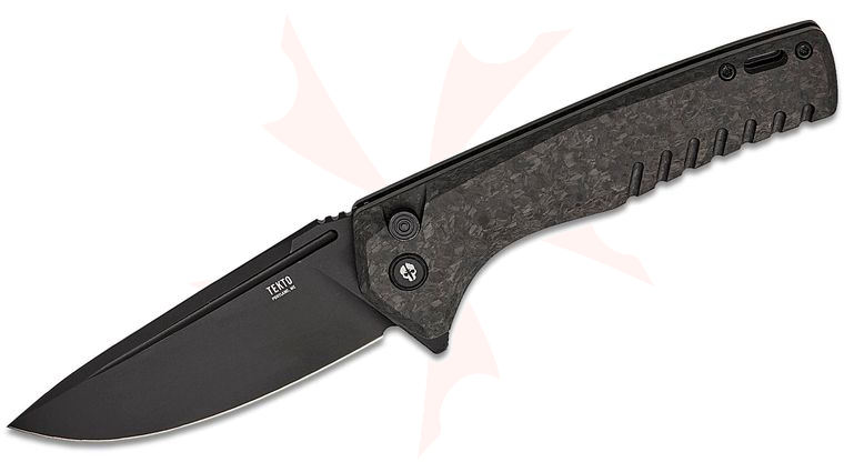 Tekto Knives F3 Charlie Button Lock Flipper Knife 3.8 inch D2 Black Ti Coated Drop Point Blade, Forged Carbon Fiber Handles, Black Accents