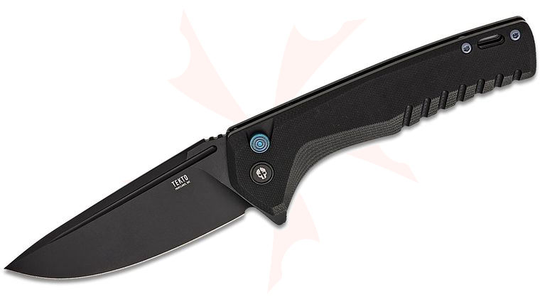 Tekto Knives F3 Charlie Button Lock Flipper Knife 3.8 inch D2 Black Ti Coated Drop Point Blade, Black G10 Handles, Blue Accents