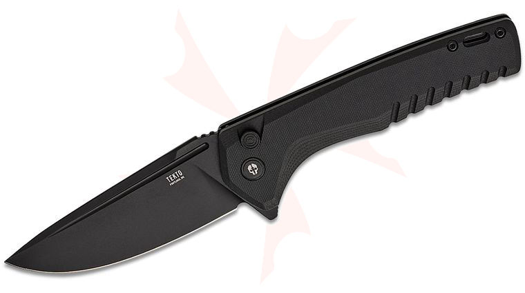 Tekto Knives F3 Charlie Button Lock Flipper Knife 3.8 inch D2 Black Ti Coated Drop Point Blade, Black G10 Handles, Black Accents