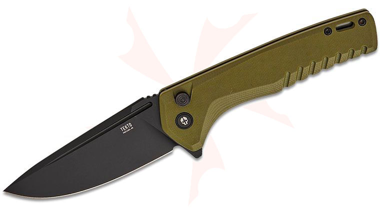 Tekto Knives F3 Charlie Button Lock Flipper Knife 3.8 inch D2 Black Ti Coated Drop Point Blade, OD Green G10 Handles, Black Accents