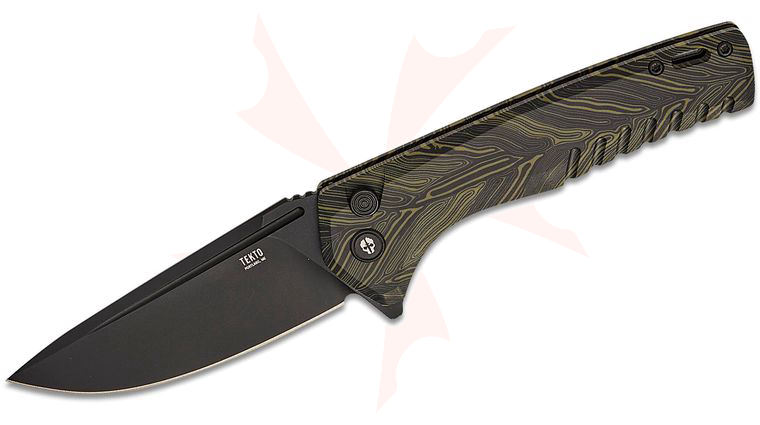 Tekto Knives F3 Charlie Button Lock Flipper Knife 3.8 inch D2 Black Ti Coated Drop Point Blade, Damascus G10 Handles, Black Accents