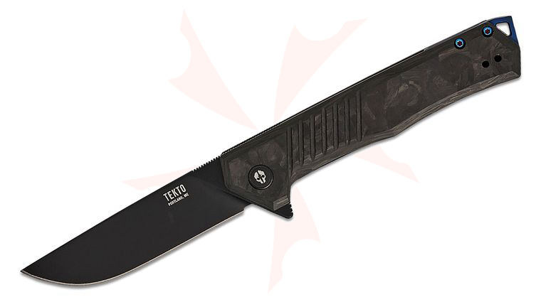Tekto Knives F1 Alpha Liner Lock Flipper Knife 3.1 inch D2 Black Ti Coated Modified Straight Back Blade, Forged Carbon Fiber Handles, Blue Accents