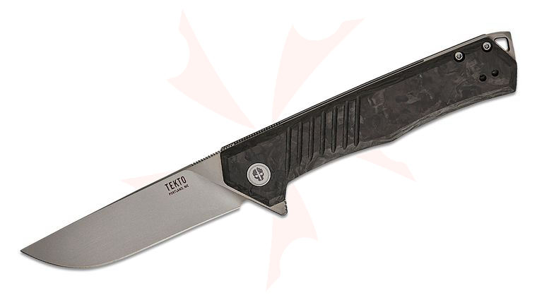 Tekto Knives F1 Alpha Liner Lock Flipper Knife 3.1 inch D2 Satin Modified Straight Back Blade, Forged Carbon Fiber Handles, Silver Accents