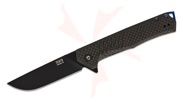 Tekto Knives F1 Alpha Liner Lock Flipper Knife 3.1 inch D2 Black Ti Coated Modified Straight Back Blade, Carbon Fiber Handles, Blue Accents