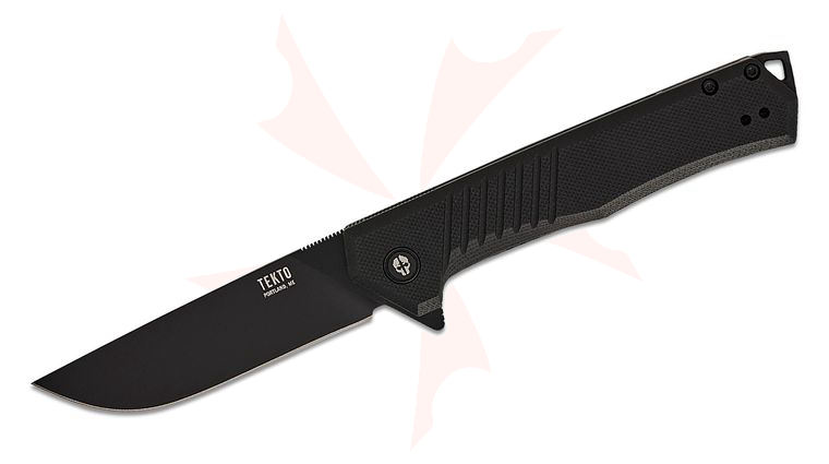 Tekto Knives F1 Alpha Liner Lock Flipper Knife 3.1 inch D2 Black Ti Coated Modified Straight Back Blade, Black G10 Handles, Black Accents