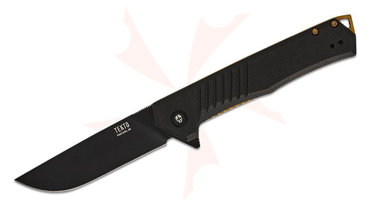 Tekto Knives F1 Alpha Liner Lock Flipper Knife 3.1 inch D2 Black Ti Coated Modified Straight Back Blade, Black G10 Handles, Bronze Accents