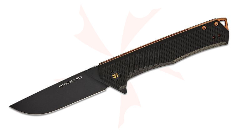 Tekto Knives F1 Alpha EOTECH Edition Liner Lock Flipper Knife 3.1 inch D2 Black Ti Coated Modified Straight Back Blade, Black G10 Handles, Bronze Accents