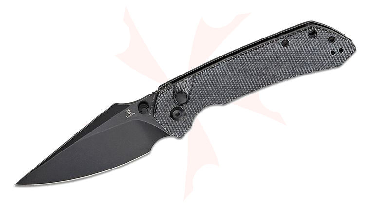 Tenable Knives Fenrir Button Lock Folding Knife 3.45 inch 14C28N Black Stonewashed Harpoon Blade, Black Micarta Handles