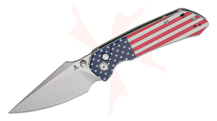 Tenable Knives Fenrir Button Lock Folding Knife 3.45 inch 14C28N Stonewashed Harpoon Blade, Jade G10 Handles with American Flag Print