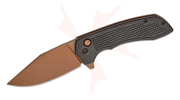 Tenable Knives Entity Button Lock Flipper Knife 3.52 inch 14C28N Rose Gold Clip Point Blade, Black Checkered Aluminum Handles