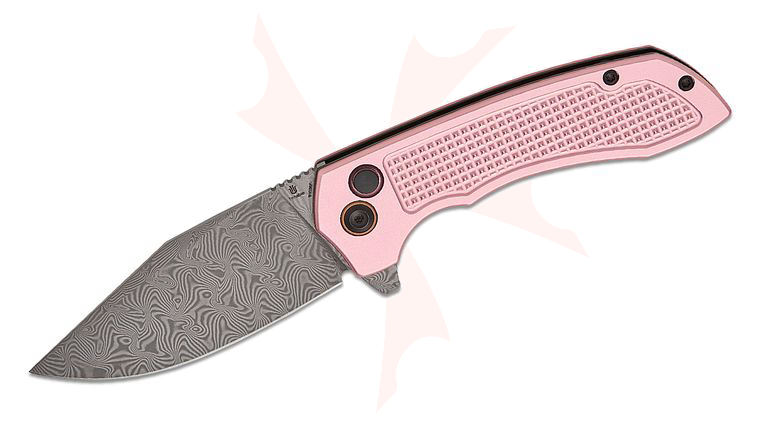 Tenable Knives Entity Button Lock Flipper Knife 3.52 inch 14C28N Damascus Clip Point Blade, Rose Gold Checkered Aluminum Handles