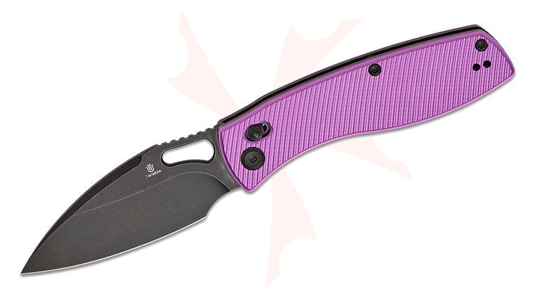 Tenable Knives Heron Crossbar Lock Folding Knife 3.13 inch Nitro-V Black Stonewashed Leaf Blade, Purple Milled Aluminum Handles