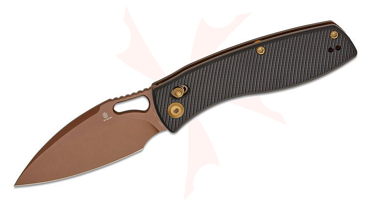 Tenable Knives Heron Crossbar Lock Folding Knife 3.13 inch Nitro-V Rose Gold Leaf Blade, Black Milled Aluminum Handles