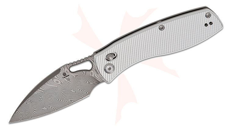 Tenable Knives Heron Crossbar Lock Folding Knife 3.13 inch Damascus Leaf Blade, Bead Blast Milled Aluminum Handles
