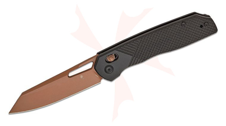 Tenable Knives Shard Crossbar Lock Folding Knife 3.47 inch 14C28N Rose Gold Reverse Tanto Blade, Black Diamond Pattern Aluminum Handles