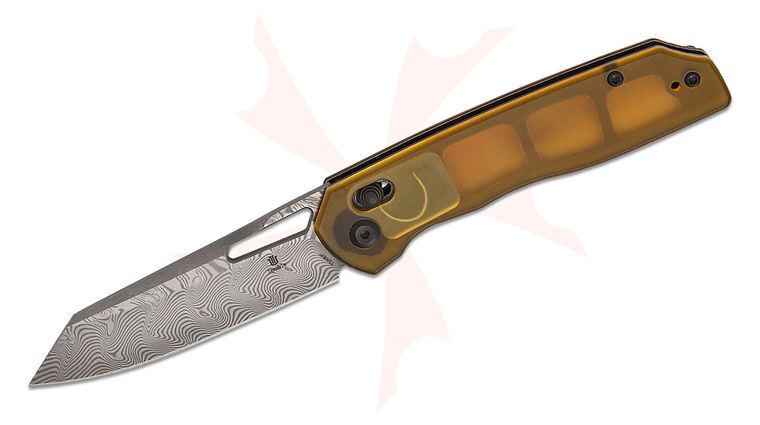 Tenable Knives Shard Crossbar Lock Folding Knife 3.47 inch Damascus Reverse Tanto Blade, Amber Ultem Handles