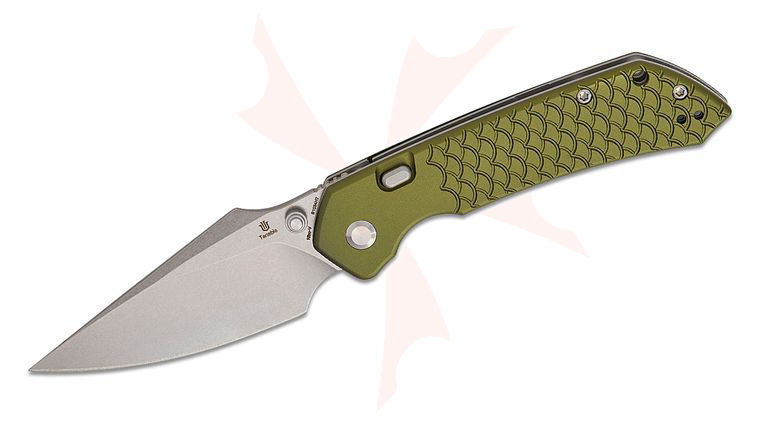 Tenable Knives Fenrir Top Liner Lock Folding Knife 3.45 inch Nitro-V Stonewashed Harpoon Blade, Green Aluminum Handles with Fishscale Texture