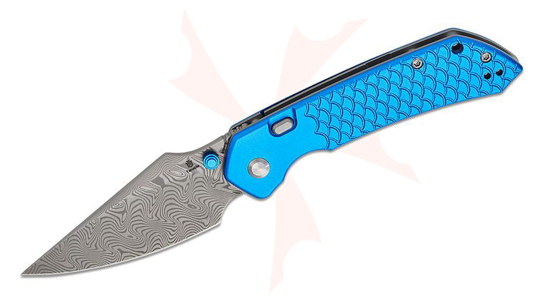 Tenable Knives Fenrir Top Liner Lock Folding Knife 3.45 inch Damascus Harpoon Blade, Dark Blue Anodized Aluminum Handles with Fishscale Pattern