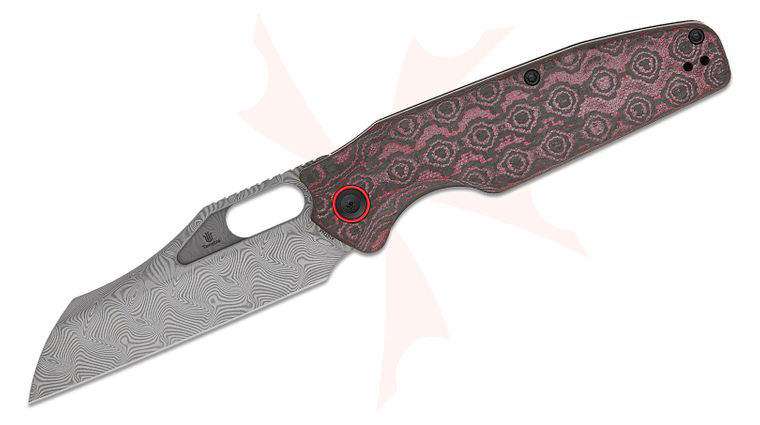 Tenable Knives Jonathan Styles Tuckamore Folding Knife 3.54 inch Water Ripple Damascus Sheepsfoot Blade, Red and Black Rose Pattern Carbon Fiber Handles